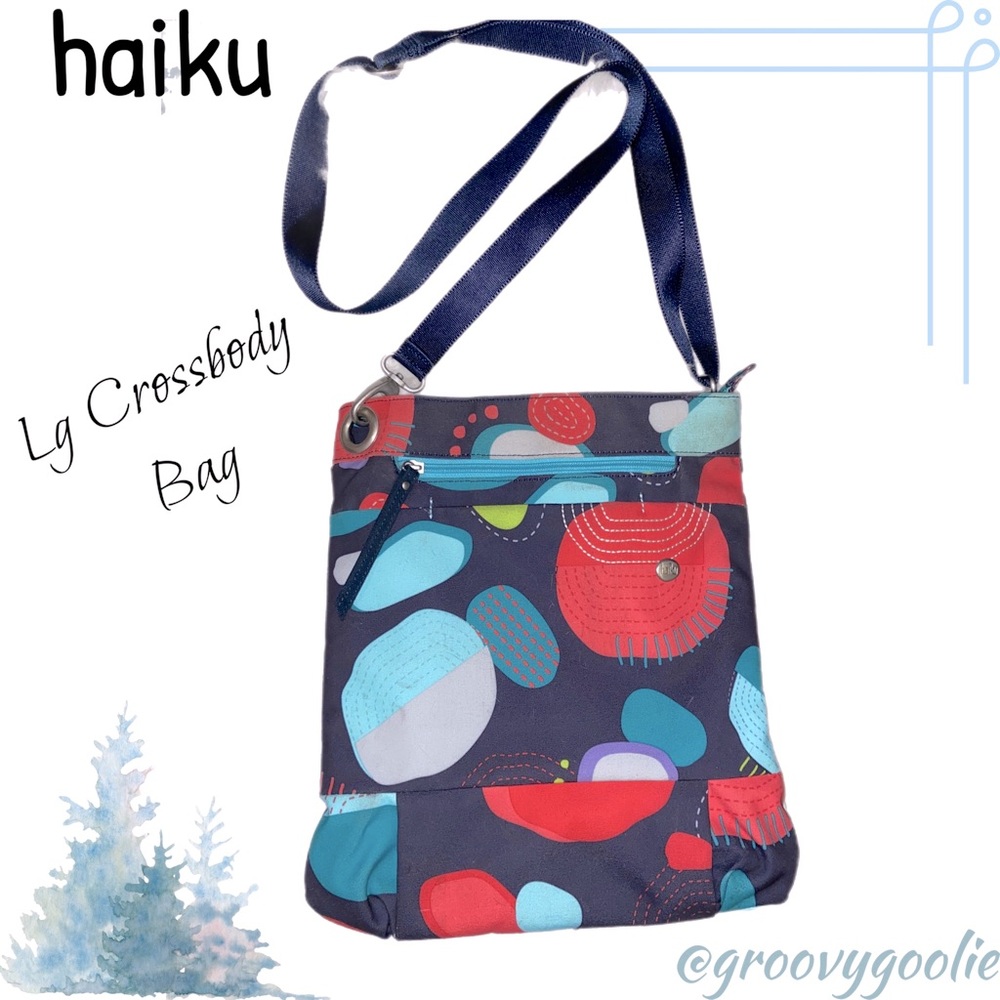 Haiku Navy Crossbody Bag with Red and Teal Abstract Circles